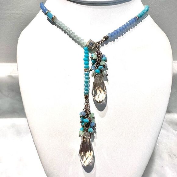 Nordstrom Bohemian Elegance Aquamarine and Crystal Beaded Y-Drop Necklace